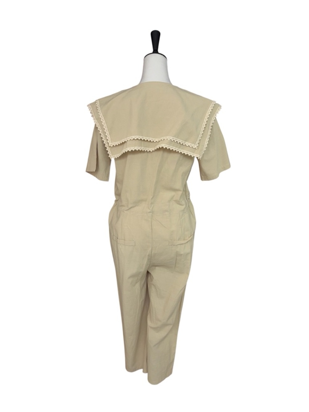 Cherrykoko Beige Lace Collar Jumpsuit Wide Leg Tie Waist Romper - Picture 4 of 14